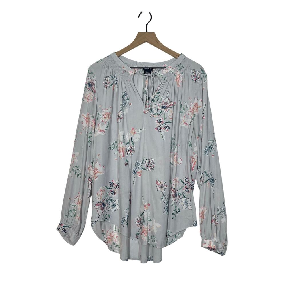 Torrid Peasant Top Women's Size 2X Gray Floral Split Neck Smocked Long Sleeve